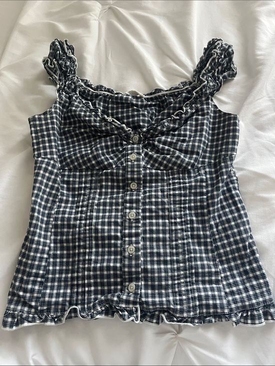 Brandy Melville Tops - Brandy Melville Navy & White Gingham Smocked Strap Cami